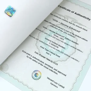The 2015 artwork certificate and hologram example.
