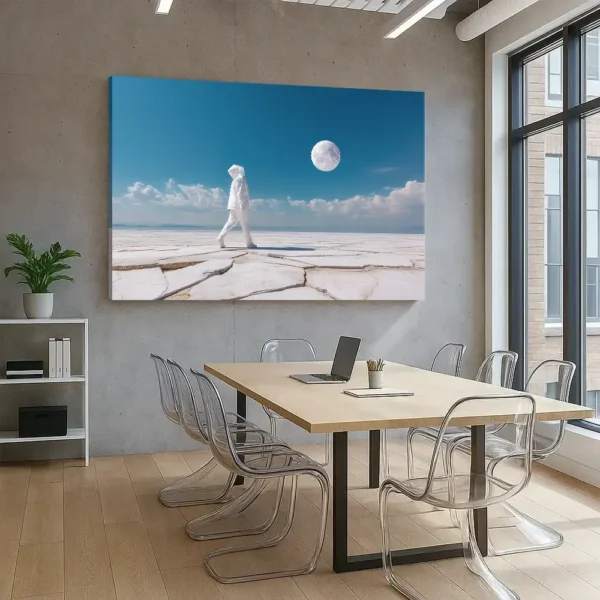 Futuristic wall art titled “0033 — Subicite eam vobis” displayed in a minimalist office interior with floor-to-ceiling windows.
