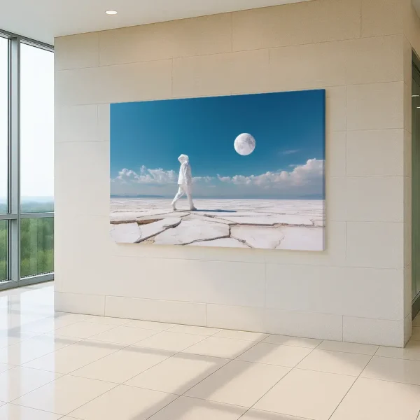 Futuristic wall art titled “0033 — Subicite eam vobis” displayed in a minimalist office interior with floor-to-ceiling windows.