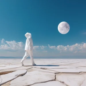 AI surrealism wall art titled “0033 — Subicite eam vobis." A person in a white suit walking across a glowing crack in a bleached desert under a pale blue moon — a stark, surreal landscape evoking ecological desolation.
