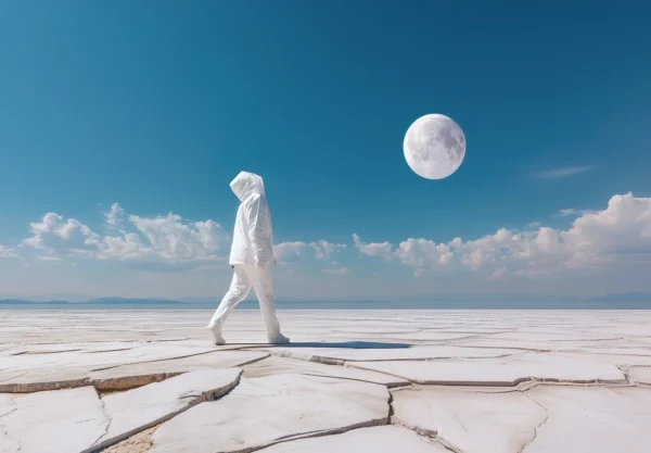 AI surrealism wall art titled “0033 — Subicite eam vobis." A person in a white suit walking across a glowing crack in a bleached desert under a pale blue moon — a stark, surreal landscape evoking ecological desolation.