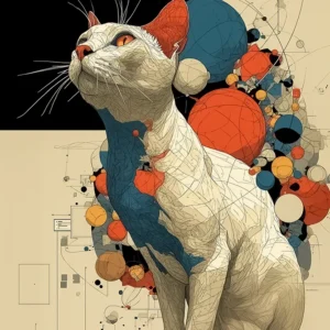 Schroedinger’s Cat poster featuring a futuristic white feline in a digital dreamscape — the perfect wall art for modern interiors.