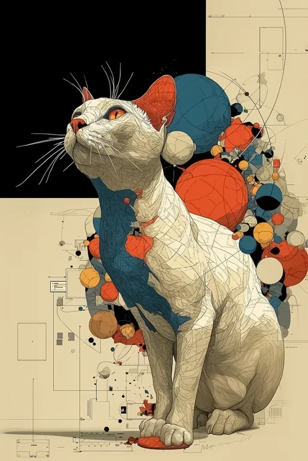 Schroedinger’s Cat poster featuring a futuristic white feline in a digital dreamscape — the perfect wall art for modern interiors.