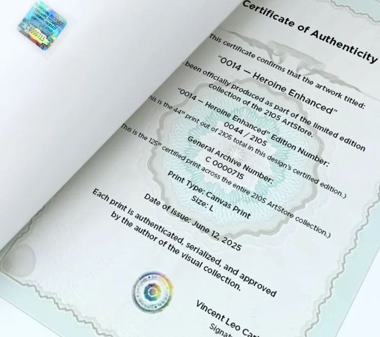 The 2015 artwork certificate and hologram example.